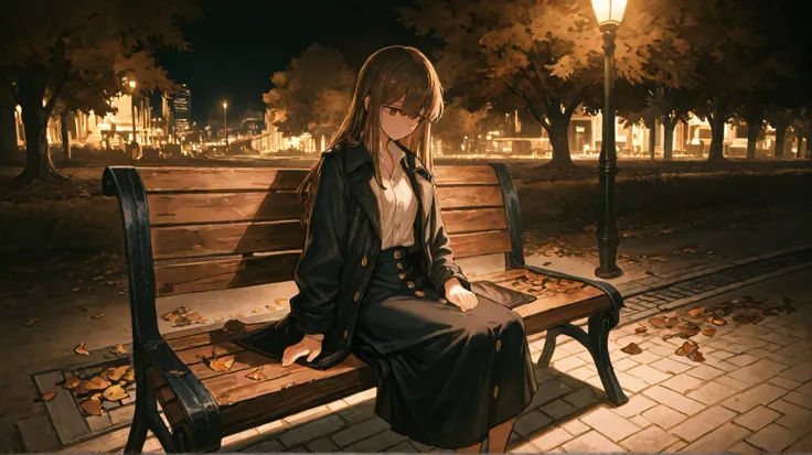 A quiet park at night, where the soft glow of lamplights illuminates the winding pathways. The air is cool, and a few fallen leaves scatter across the pavement as a gentle breeze moves through the trees. In the distance, the faint sounds of the city fade i...