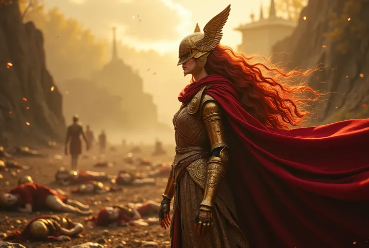 A highly detailed, cinematic portrait of Malenia, Blade of Miquella, standing in a mystical battlefield covered in golden rot. She wears ornate, battle-worn golden armor with intricate engravings, a flowing red cape, and her signature winged helm partially...