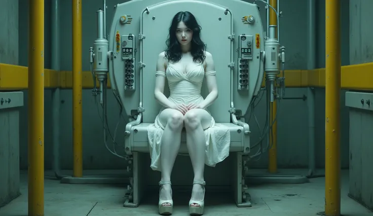 long elevated shot of (1woman), an albino European [Japanese] mixed woman, (((albino))), (white pale skin), [[chubby]], [medium firm breast], (thick thigh), black hair, wearing a white midi dress with a thigh-high slit and (high heels), exposing her legs, ...