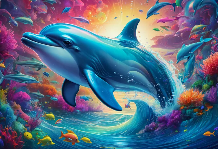 a painting of a dolphin is sitting in the water, jen bartel, beeple and jeremiah ketner, full of colors and rich detail, michael page, mech shaped like a dolphin, artistic 4k, beautiful art uhd 4k, greg beeple, its a deep dream, beautiful digital artwork, ...