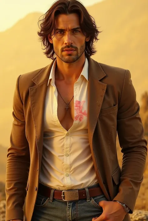a handsome, rugged man with long, tousled brown hair that accentuates his pale, sun-tanned skin, wearing an old, dirty, and torn brown jacket reminiscent of a turbulent past, underneath is a pristine white shirt, dyed with vibrant red streaks that tell the...