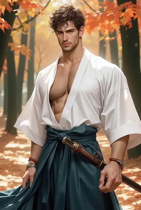 Un man hermoso de 29 años , 1.80 cm tall , I bet, man, virile, kendo (kimono blanco sólido abierto en la parte superior y una larga skirt maxi azul marino de cintura alta (skirt, Also) with obi:1.4), sweat, ( short curly brown hair :1.2), bright emerald ...