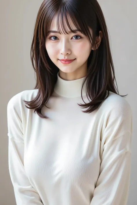 masterpiece, fine, clean skin、plain high neck long sleeve ribbed slim fit t-shirt、long black hair, Bangs, smile, 8k, shooting studio background