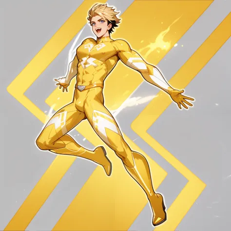 "A highly detailed and realistic superhero wearing a glossy, form-fitting yellow bodysuit with a reflective, high-tech material. His muscular physique is well-defined, and the suit accentuates his toned body. A large, glowing diamond-shaped emblem is embed...