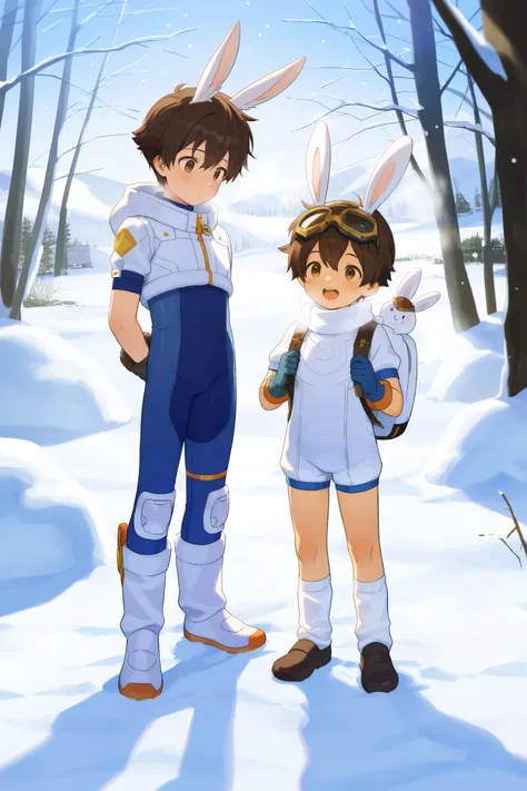 a boy， short hair，Boy in a blue and white bodysuit，Standing，cute，A  with brown hair wearing white cotton socks，Goggles，looped rabbit ears， masterpiece, best quality ，male focus， Shota，enjoy，winter，Short sleeve，happy