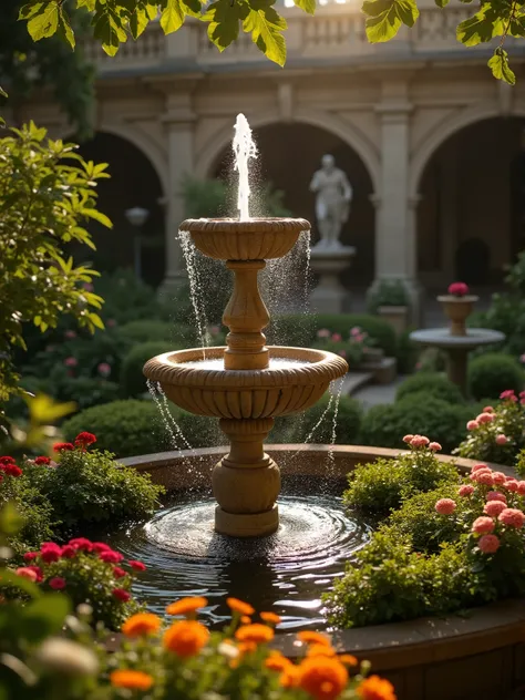 charming Greek antique garden, decorated with lush flowers and an elegant stone fountain, multi-stage fountain with sunshine, garden with an elegant statue and arches in the background, with soft sunlight, emphasizing the bright colors of the
