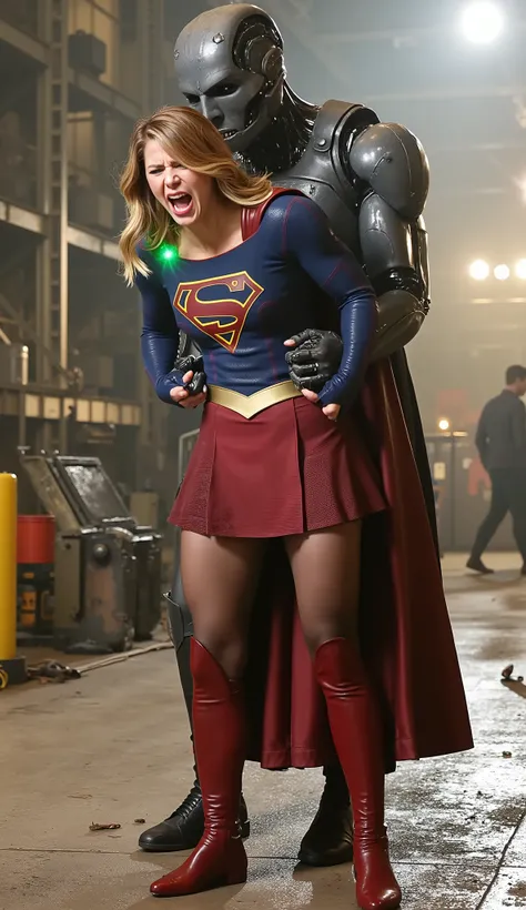 Melissa Benoist as Supergirl, (a very short skirt), fighting with an enemy, she is sexual assaulted from behind by Lex Luther the robot, she bend down and push his hand out, a green lighting collar on her neck, painful face, (Supergirl is screaming in pain...