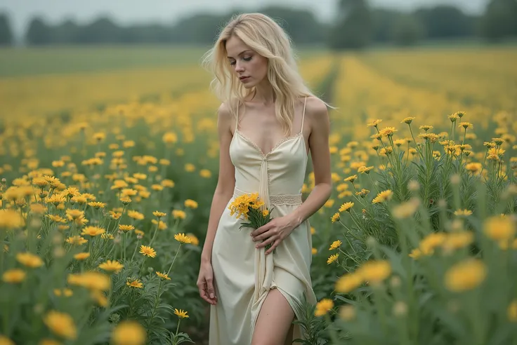 High quality, high definition detailed photo of young nice european slender blond woman in a field of yellow flowers holding a flower, in a field of flowers, in a field with flowers, standing in a flower field, in a field, standing in a field with flowers,...