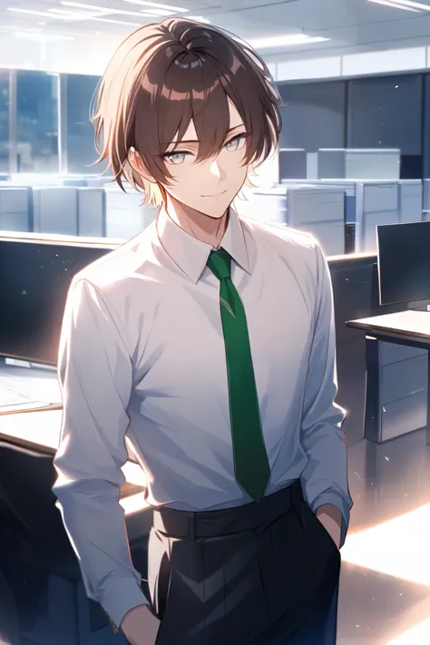 masterpiece, best quality, detailed face, detailed eyes, 1 boy, solo, handsome, slender body, light makeup, cool, friendly, gentle eyes, closed mouth, gentle smile, short hair, brown hair, grey eyes, office wear, black blazer, white shirt inner, green neck...