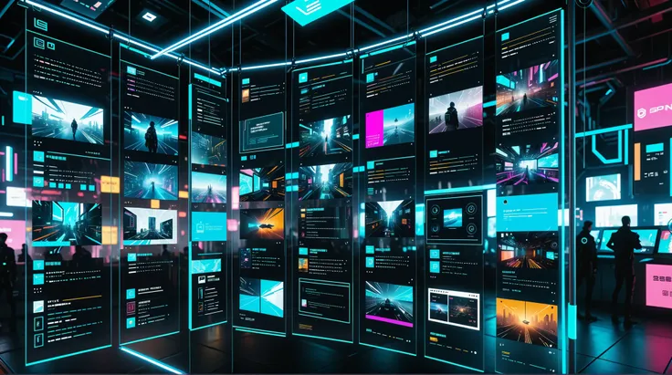 a transparent、Futuristic hanging page interface。Various thumbnails。cyberpunk，POV perspective ，to look left and right，Each screen is playing different content，