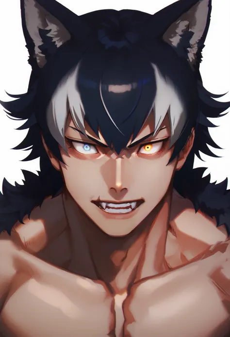 1man, grey wolf \(kemono friends\), two-tone hair, short hair, wolf ears, heterochromia, looking at viewer, facing viewer, simple background, toned body, keen eyes