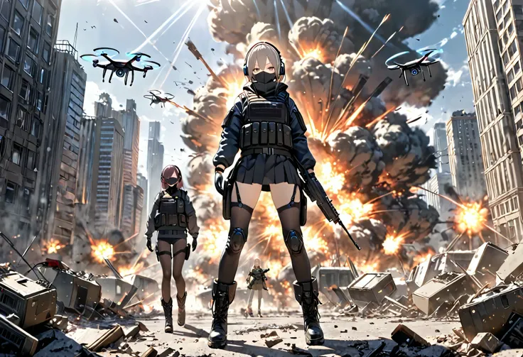 ((high quality)), ((masterpiece)), 8k, 2girls, bulletproof vest, light rays, extremely detailed CG unity 8k wallpaper, game cg, looking at viewer, gloves, boots, full body, watch, computer, mask, drone, holding weapon, headphones, jacket, (background destr...