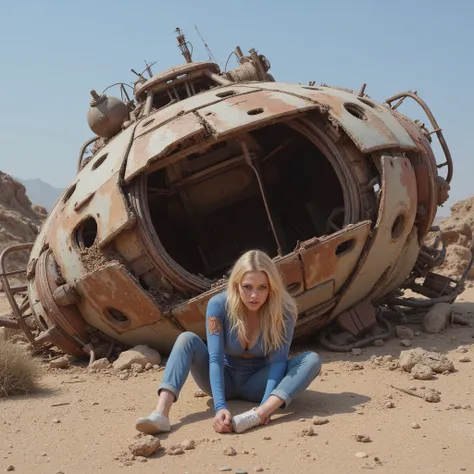 Masterpiece sci-fi dystopia photo, photorealistic view of the famous COMET spacecraft from Captain Future, crashed down, broken, splintered and crumbled as a rusty ruin in an alien desert, sexy blonde Joan Landor sitting in front, head over knees sad and d...