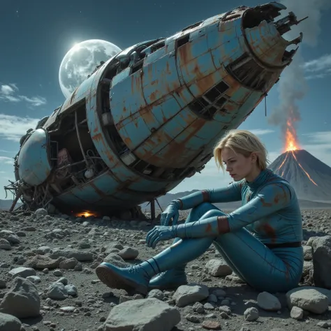 Masterpiece sci-fi dystopia photo, photorealistic view of an alien spaceship, crashed down, broken, splintered and crumbled as a partly rusty partly blank metal ruin in a lifeless desert of grey and red volcanic rock. sexy blonde female cyborg sitting in f...