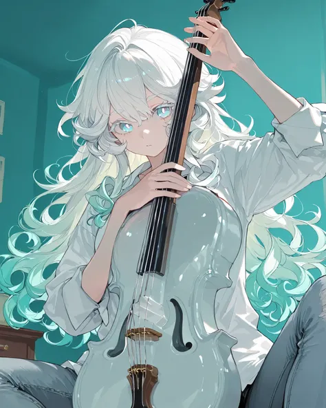 score_9, score_8_up, score_7_up, UHD, Masterpiece, Accurate, Anatomically Correct, High Quality, yubu, Perfect hands, Detailed hands, anime style woman, Very Pretty Lady, Cool girl, A girl who looks like boy, White eyelashes, White eyebrows, Blue gradient ...