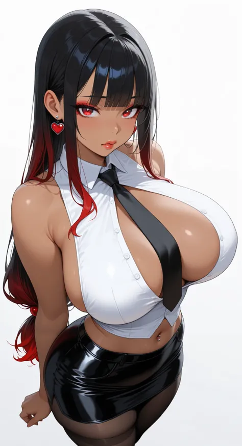 masterpiece,best quality,amazing quality,absurdres, BREAK, 1girl,solo,breasts, red eyes,Low-tied long hair,blunt bangs,tanned skin, thicc, curvy,narrowed waist, wide hip, thick thighs,
two-tone hair, black hair with (red gradient tips), smooth and silky te...
