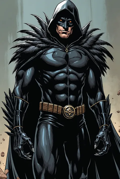 superhero, black outfit, with black feathers on the wrists, sharp crow claws, voluminous black feathers on the shoulders and neck, black hood and torn black cloak, face a mix of a crow and a man,muscular Black body