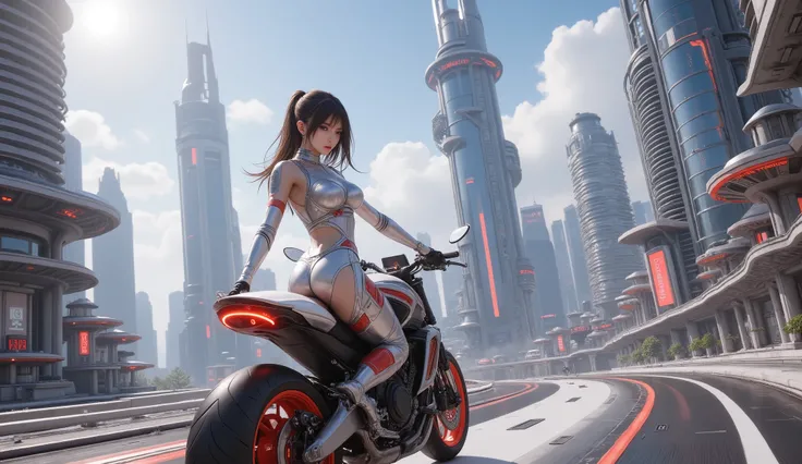 Future cityscape。girl in futuristic costume。Riding a futuristic bike