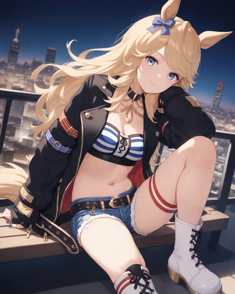 G:c_Race, long sleeves, open jacket, black jacket, midriff, belt, bandeau, thigh strap, black choker, blue bow,single glove, denim shorts,  cutoffs, thighs, white boots, black boots, asymmetrical footwear,Gold_c, horse ears, horse tail, long hair, bangs, b...