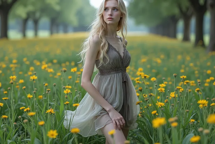 High quality, high definition detailed photo of young nice european slender blond woman in a field of yellow flowers holding a flower, in a field of flowers, in a field with flowers, standing in a flower field, in a field, standing in a field with flowers,...