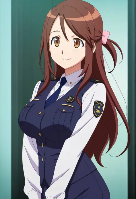 (anime screencap,anime coloring,official art:1.3),solo,1girl,smile,iida nana, brown hair, long hair, one side up, hair bow, pink bow, brown eyes, large breasts, wide hips,mature female,police uniform, blue vest, white shirt, collared shirt, long sleeves, b...
