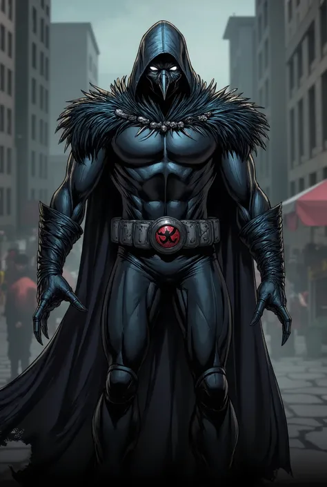 superhero, black outfit, with black feathers on the wrists, sharp crow claws, voluminous black feathers on the shoulders and neck, black hood and torn black cloak, a Crow face,muscular Black body