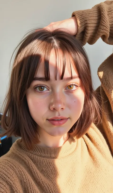 a girl, short brown fringe hair,