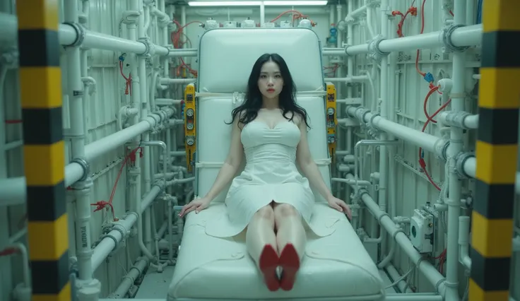 long elevated shot of (1woman), an albino European [Japanese] mixed woman, (((albino))), (white pale skin), [[chubby]], [medium firm breast], (thick thigh), black hair, wearing a white midi dress with a thigh-high slit and ((( red high heels))), exposing h...