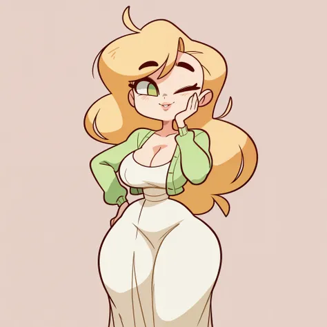 1woman, solo, long blonde hair, green eyes, full lips, big breasts, wide hips, thick thighs, white dress, long skirt, cleavage, green cardigan, blushed, smile, hand on cheek, wink, hand on hips, standing, looking at viewer, simple background, from the fron...