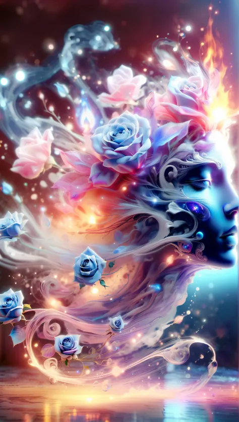 Created by AIS-RCN , 8k photo , "words, Like a glass-coated, a brilliant blue flame rose, he jumps out of the light, Turn your thoughts into subtle works of art.", flexible, side light,