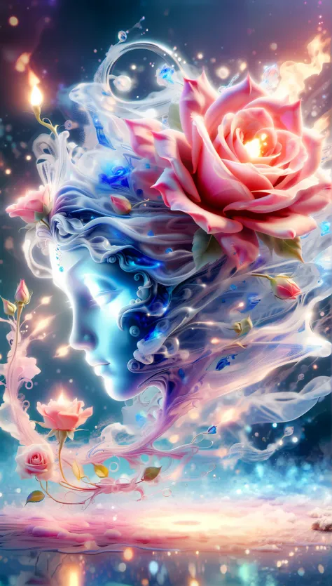 Created by AIS-RCN , 8k photo , "words, Like a glass-coated, a brilliant blue flame rose, he jumps out of the light, Turn your thoughts into subtle works of art.", flexible, side light,
