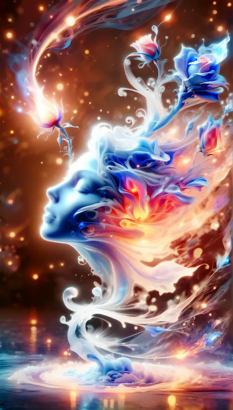 Created by AIS-RCN , 8k photo , "words, Like a glass-coated, a brilliant blue flame rose, he jumps out of the light, Turn your thoughts into subtle works of art.", flexible, side light,