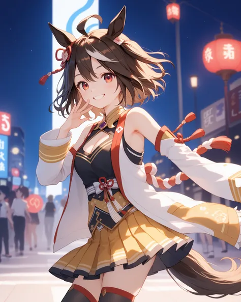 it will be black, ahoge, hair ornament, animal ears, horse tail，cleavage cutout, shimenawa, kouhaku nawa, detached sleeves, yellow skirt, pleated skirt, black thighhighs, bare shoulders，1 girl, Alone, anime style，cute girl,best quality, super detailed, ani...