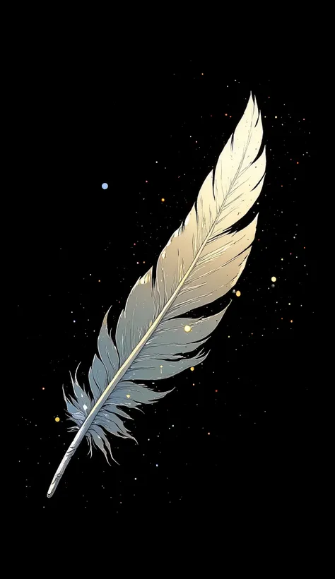 A delicate, platinum-colored feather floating in a black void, with ultra-fine details catching the soft glow of an unseen light source. Tiny, almost imperceptible particles drift around it, creating a serene, dreamlike effect.