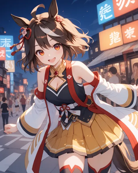it will be black, ahoge, hair ornament, animal ears, horse tail，cleavage cutout, shimenawa, kouhaku nawa, detached sleeves, yellow skirt, pleated skirt, black thighhighs, bare shoulders，1 girl, Alone, anime style，cute girl,best quality, super detailed, ani...