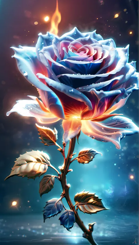 Created by AIS-RCN , 8k photo , "words, Like a glass-coated, shiny blue big flame rose, he jumps out of the light, Turn your thoughts into subtle works of art.", flexible, side light,