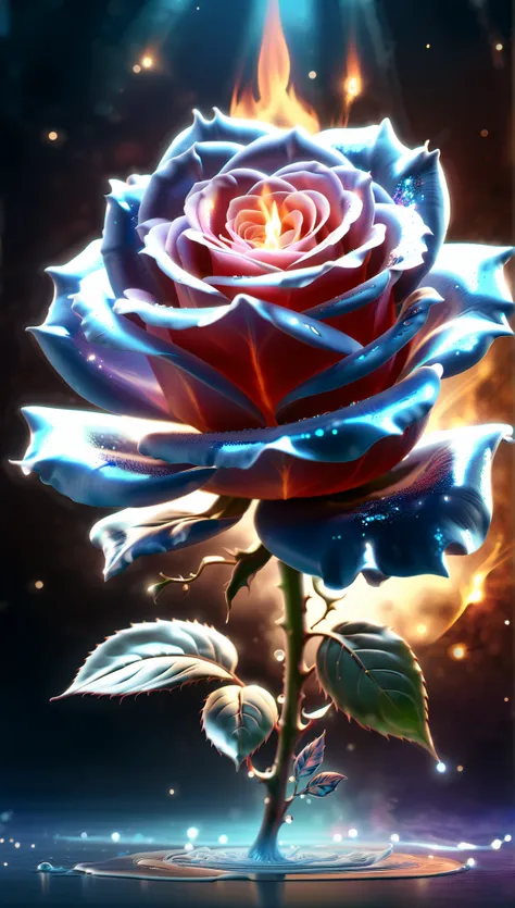 Created by AIS-RCN , 8k photo , "words, Like a glass-coated, shiny blue big flame rose, he jumps out of the light, Turn your thoughts into subtle works of art.", flexible, side light,