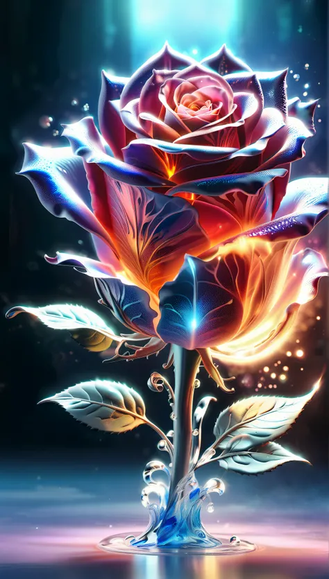Created by AIS-RCN , 8k photo , "words, Like a glass-coated, shiny blue big flame rose, he jumps out of the light, Turn your thoughts into subtle works of art.", flexible, side light,