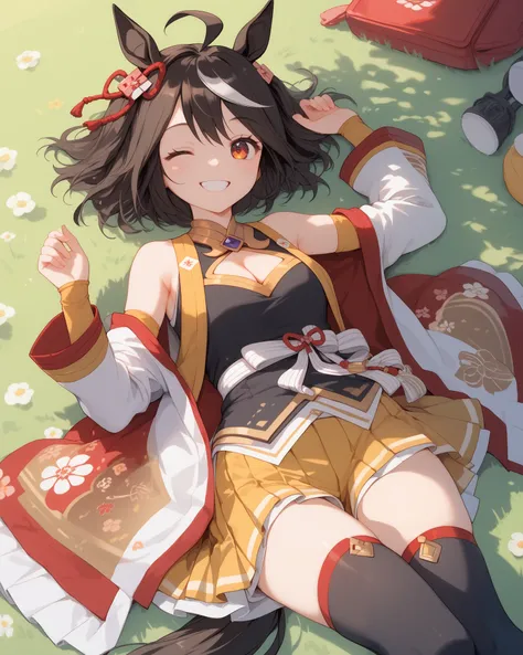 it will be black, ahoge, hair ornament, animal ears, horse tail，cleavage cutout, shimenawa, kouhaku nawa, detached sleeves, yellow skirt, pleated skirt, black thighhighs, bare shoulders，1 girl, Alone, anime style，cute girl,Best Quality, super detailed, ani...