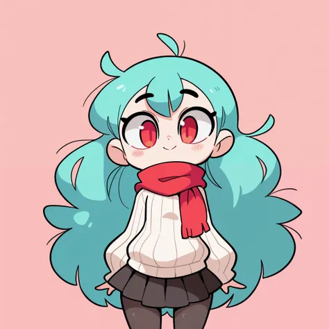 1girl, loli, solo, very long turquoise hair, red eyes, red scarf, white ribbed sweater, black pleated skirt, black pantyhose, blushed, smile, cute, standing, looking at viewer, simple background, from the front view, diives