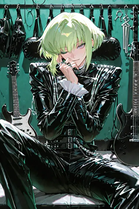 1male,handsome,visual kei style,medium hair, heavy black eyeliner, green eyeshadow,black leather outfit adorned with silver chains, studs,rings,His pose is confident,dimly lit backstage dressing room,scattered guitar cases,green hair,black nail,peace sign,...