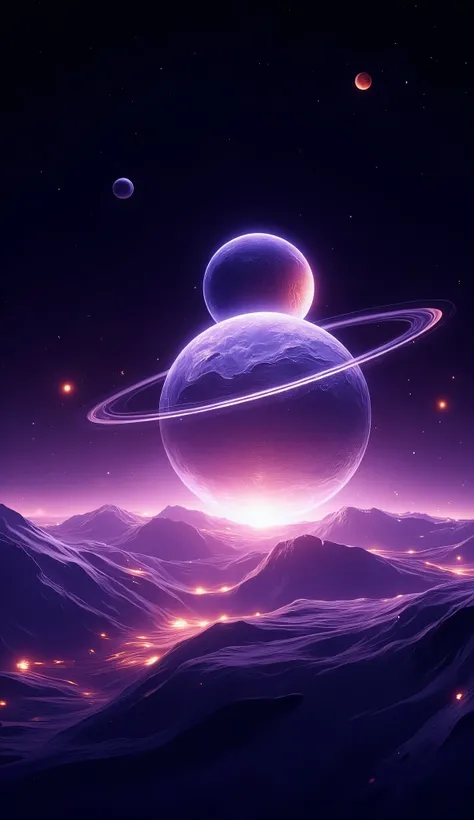A glowing lavender planet, its surface smooth and ethereal, barely lit by an unseen sun. A thin, translucent ring orbits around it, glowing faintly.
