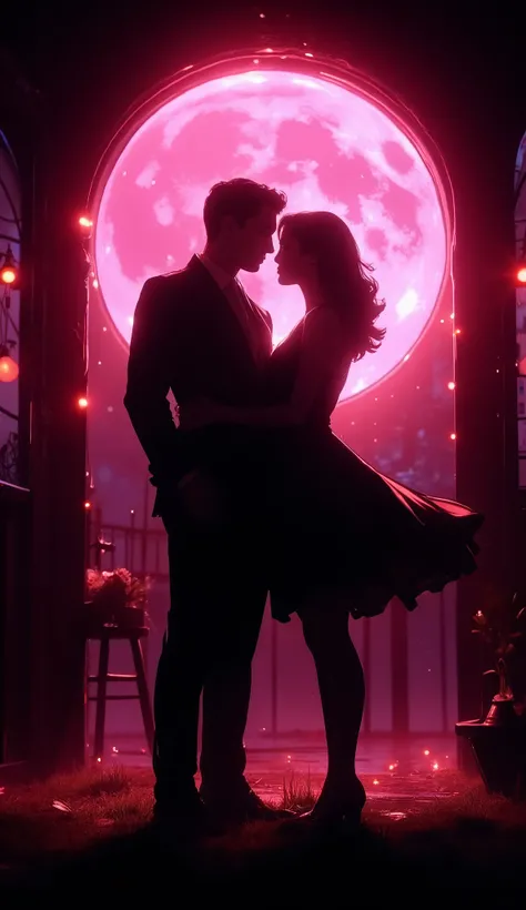 "A couple’s silhouette standing under a glowing pink full moon. Their forms are softly defined, blending seamlessly into the dark night, while the moonlight creates a warm, intimate glow around them."