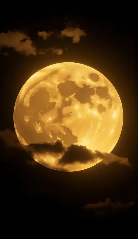 A full moon with a soft golden glow, partially veiled by wispy clouds. The clouds shimmer faintly, reflecting the moon’s warm light in a quiet, dreamy night.