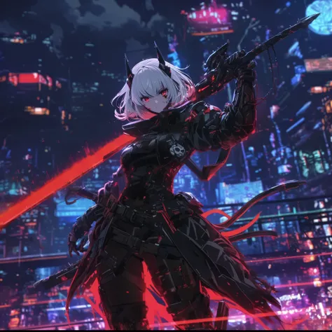 Anime girl with a long sword of light energy in the city at night, leather coat trench coat，the hunter who drives the red thunder， Horns and Thorns，Bad guy anime 8k, fastest action 4K konachan on pixiv, Anime Cyberpunk Art, digital  cyberpunk anime art ,  ...
