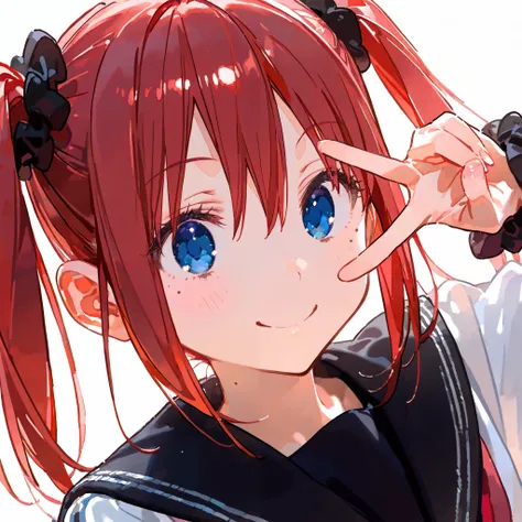 masterpiece , best quality, 1girl, high twintails, short twintails, round eyes, black scrunchie, bangs, hair between eyes, red hair, blue eyes eyes, mole under left eye, 16-year-old, making a peace sign, smile