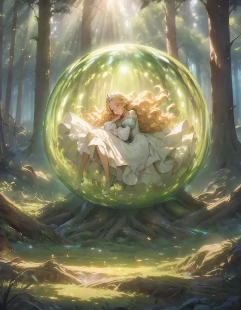 ((masterpiece, best quality, extremely detailed, absurdres)),fantasic illustrations,cinematic lighting,in beautiful green forest,warm sunlight,1girl in shiny aura sphere,floating on own knee,(princess),blonde hair,wavy hair,shiny white dress,closed eyes,sl...