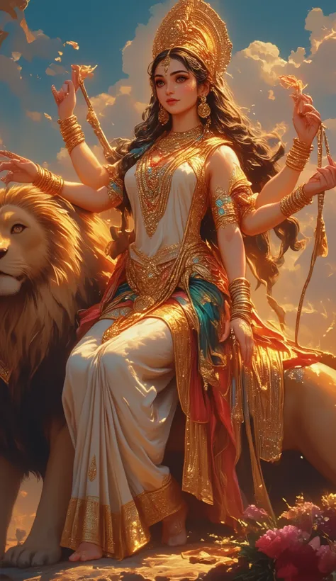 ma durga wear sare sit on lion,detailed portrait of goddess durga,wearing traditional sari,sitting on majestic lion,serene expression,powerful,divine,ornate jewelry,intricate details,4k,ultra-detailed,photorealistic,hdr,studio lighting,vibrant colors,warm ...