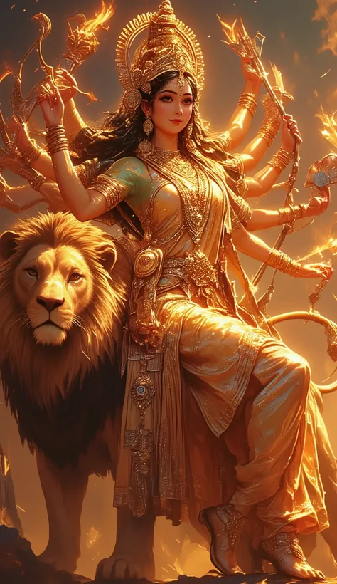 ma durga wear sare sit on lion,detailed portrait of goddess durga,wearing traditional sari,sitting on majestic lion,serene expression,powerful,divine,ornate jewelry,intricate details,4k,ultra-detailed,photorealistic,hdr,studio lighting,vibrant colors,warm ...