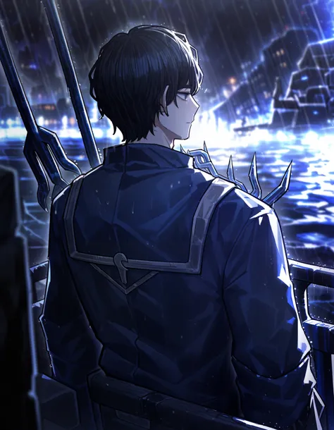 1man, boy, male, black hair, short hair, unkempt hair, bulky Captain attire, close up, solo, dark blue jacket outfit, high resolution, raining, Masterpiece, detailed, ((projectmoon)), skinny, trident on back with three prongs, on a ship